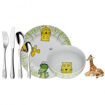 WMF - Safari - zestaw sztućców i porcelany dla dzieci - 6 elementów + żyrafa-zabawka